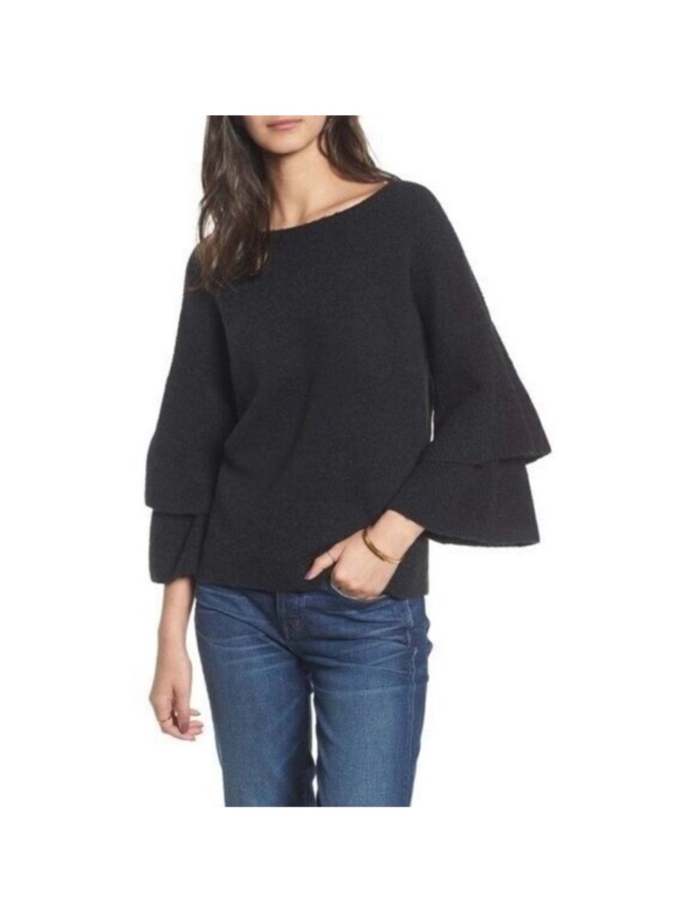 Madewell Tier-Sleeve Pullover Sweater in Coziest Yarn Boat Neck Black Wool Blend